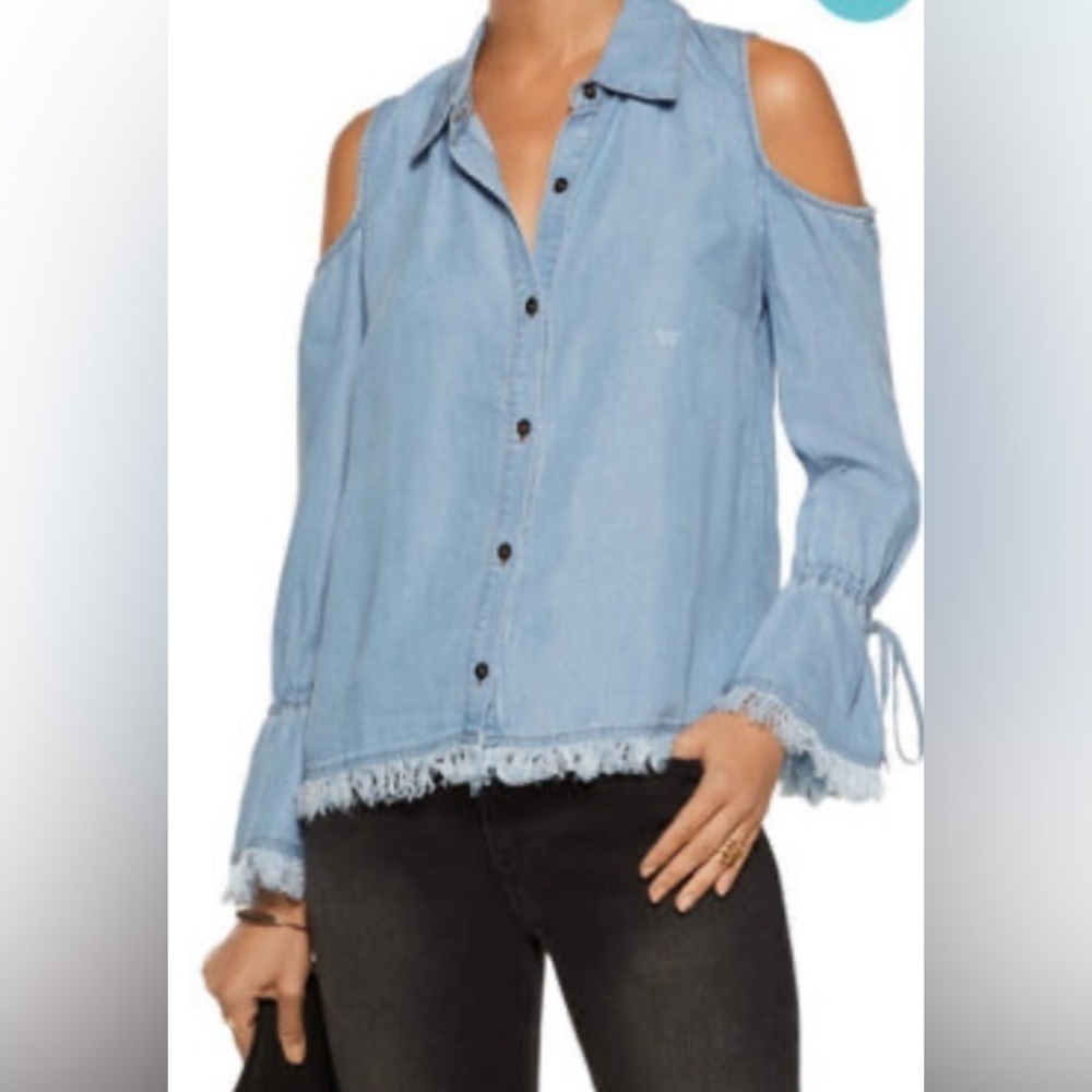 Splendid | Cold-Shoulder Button-Front Chambray Frayed Hem Cuffs Shirt Top S